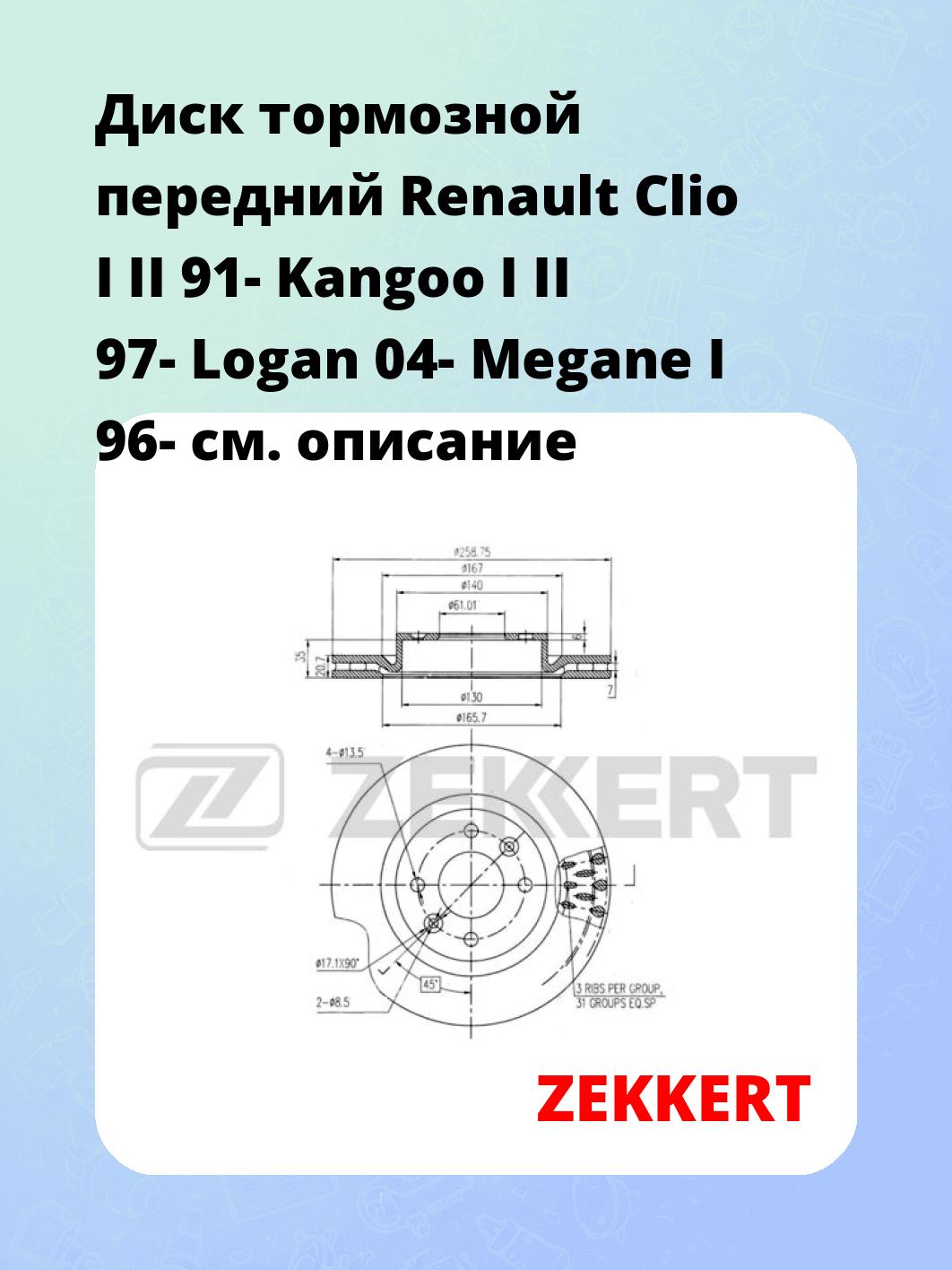 Диск тормозной передний Renault Clio I  II 91-  Kangoo I  II 97-   Logan 04-  Megane I 96-